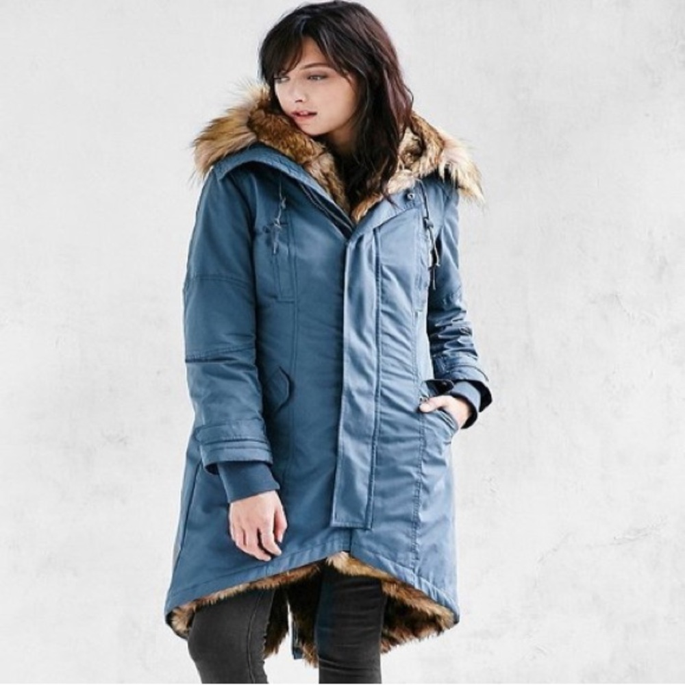 Urban Outfitters Members Only x Aspen Faux Fur Parka Jacket Sz S Blue
